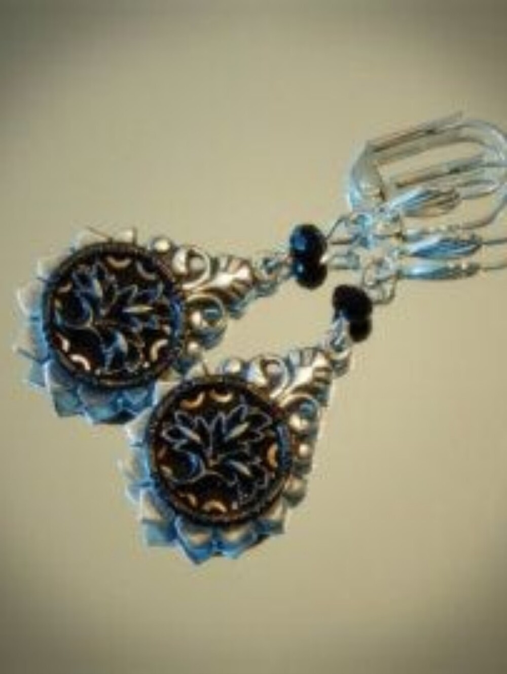 Antique Brass Picture Button Earrings, Oxidized Silver, Victorian Boho Western